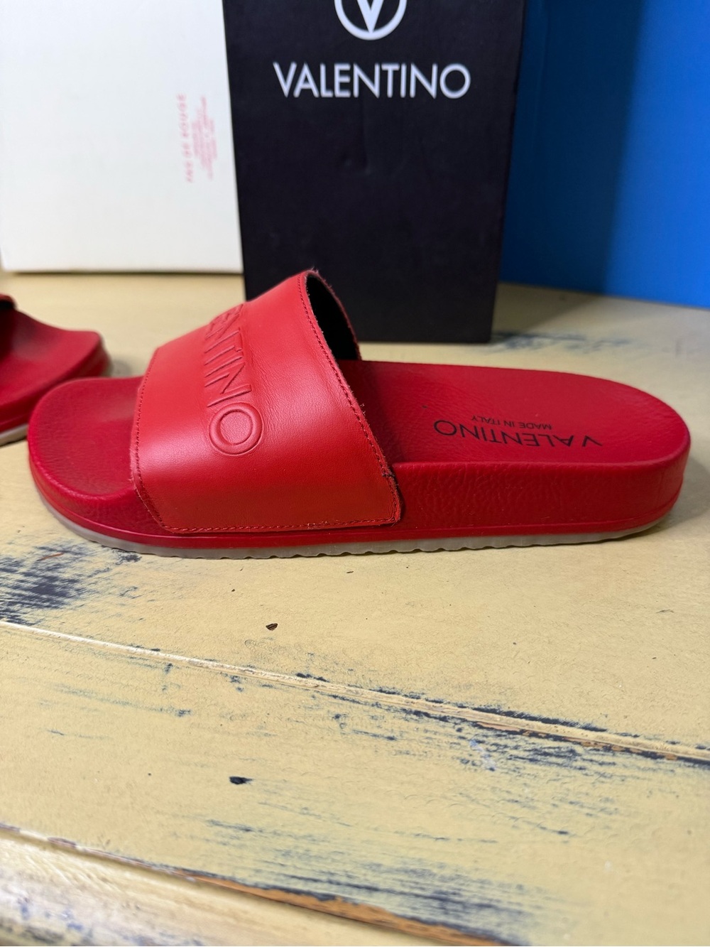 Valentino Red Embossed Logo Slide Sandals - Picture 3 of 9